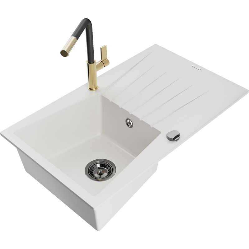 Zlewozmywak granitowy 1-komorowy Mexen Cesar z ociekaczem i baterią kuchenną Flora biały 6514-20-670401-57-B