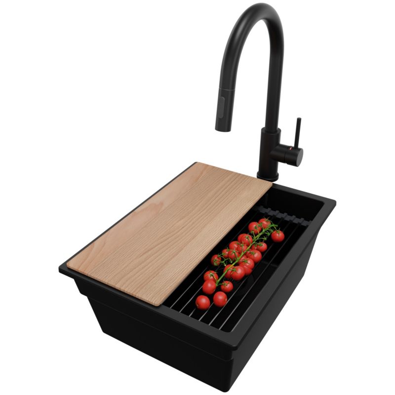 Zlewozmywak Granitowy Praga Slim PRIMAGRAN Nablatowy 36x47cm do szafki od 40cm z Syfonem i Baterią i Dodatkiem Cały Czarny 1 szt.