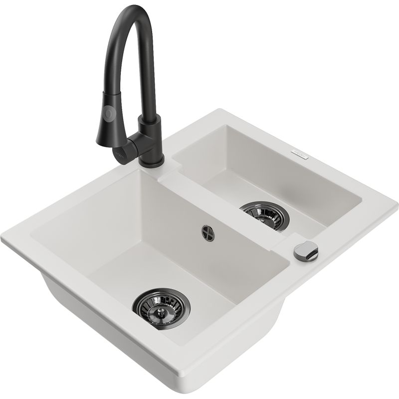 Zlewozmywak granitowy 1.5-komorowy Mexen Carlos z baterią kuchenną Elia czarny - 6518-77-670101-70-B 1 szt.