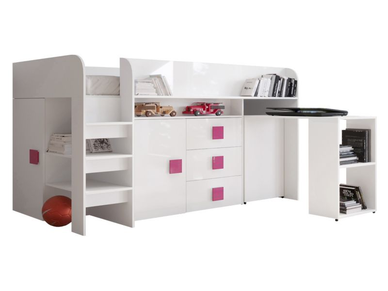Łóżko piętrowe z biurkiem MIRJAN 24 Toledo 1 biały połysk + uchwyty różowe 1 kpl.