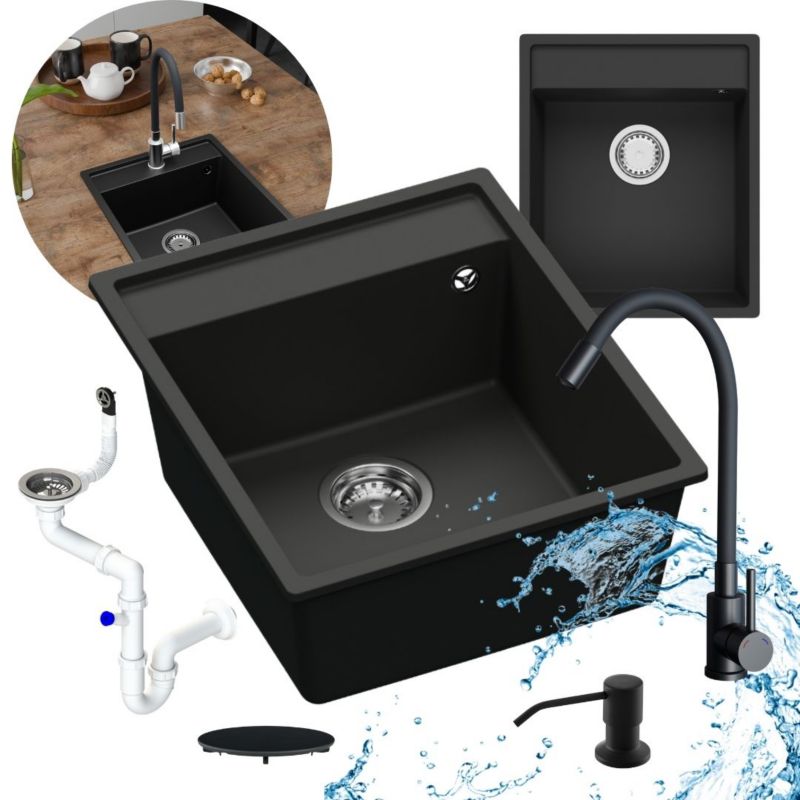 Zestaw zlewozmywak kuchenny GranMaster Magma 1-komorowy bez ociekacza, baterią, dozownikiem płynu i maskownicą czarny mat 1szt.