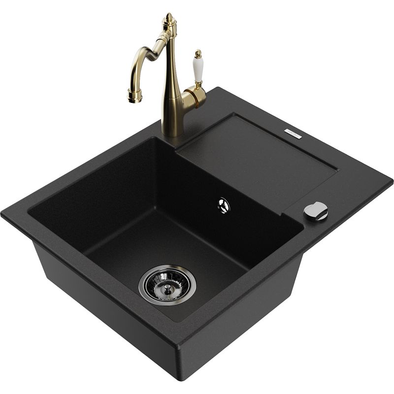 Zlewozmywak granitowy 1-komorowy Mexen Enzo z ociekaczem i baterią kuchenną Carla czarny - 6506-77-670700-00 1 szt.