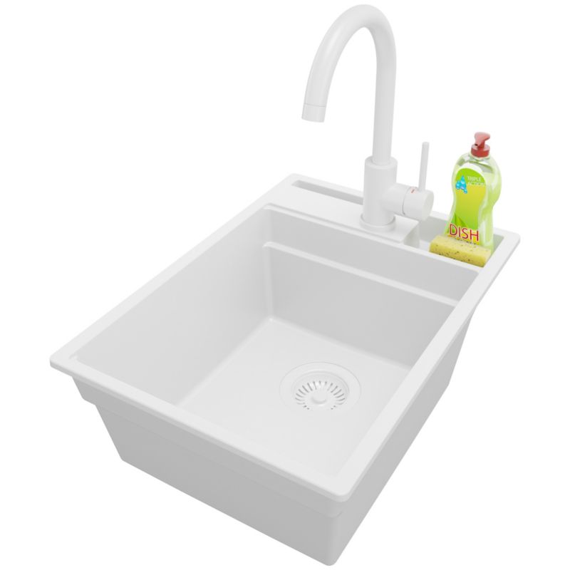 Zlewozmywak Granitowy Oslo Pocket PRIMAGRAN Nablatowy 38x53cm do szafki od 40cm z Syfonem i Baterią Cały Biały 1 szt.