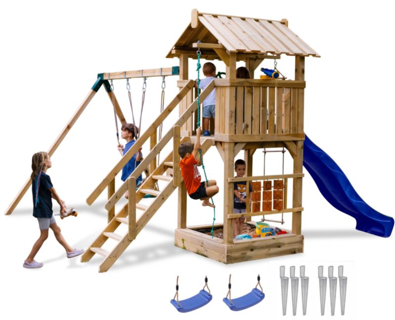 Plac zabaw dla dzieci Meblogród Mały Raj niebieska zjeżdżalnia i huśtawki, piaskownica, drabinka do wspinaczki, 1kpl