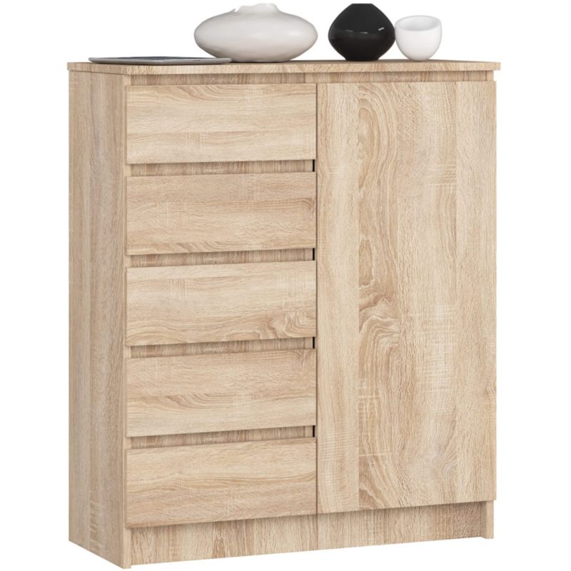 Komoda Akord K80 Dąb Sonoma 80 cm 1 drzwi 5 szuflad kolor Dąb Sonoma mat 3 półki 80x35x97 cm 1 szt.