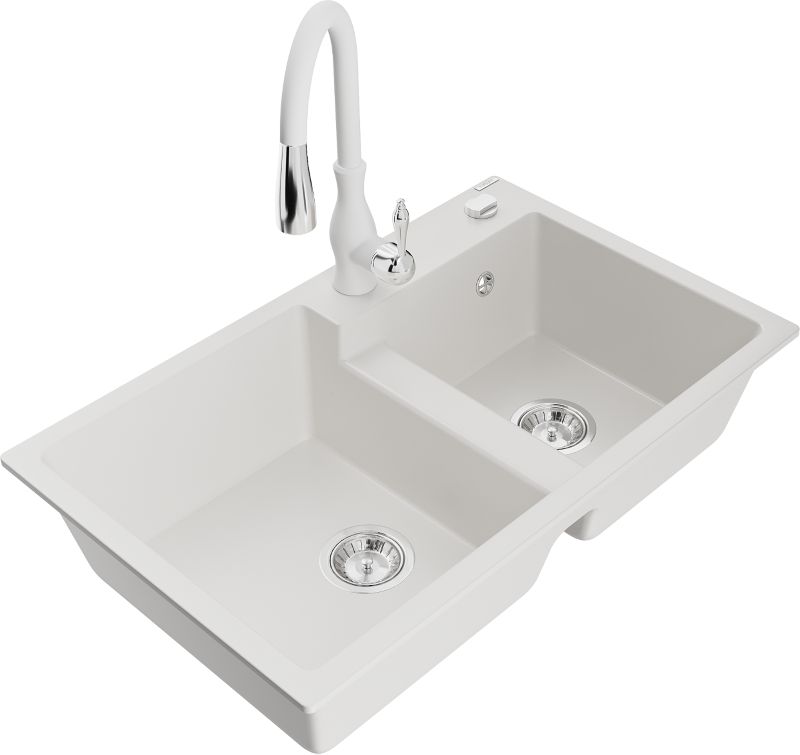 Zlewozmywak granitowy Mexen Tomas 2-komorowy z baterią kuchenną Telma biały - 6516-20-670200-20 1 szt.