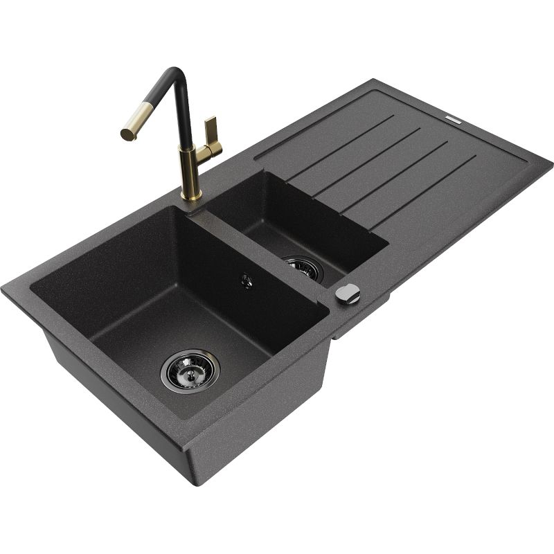 Zlewozmywak granitowy 1.5-komorowy Mexen Andres z ociekaczem i baterią kuchenną Flora czarny nakrapiany 6515-76-670401-57-B