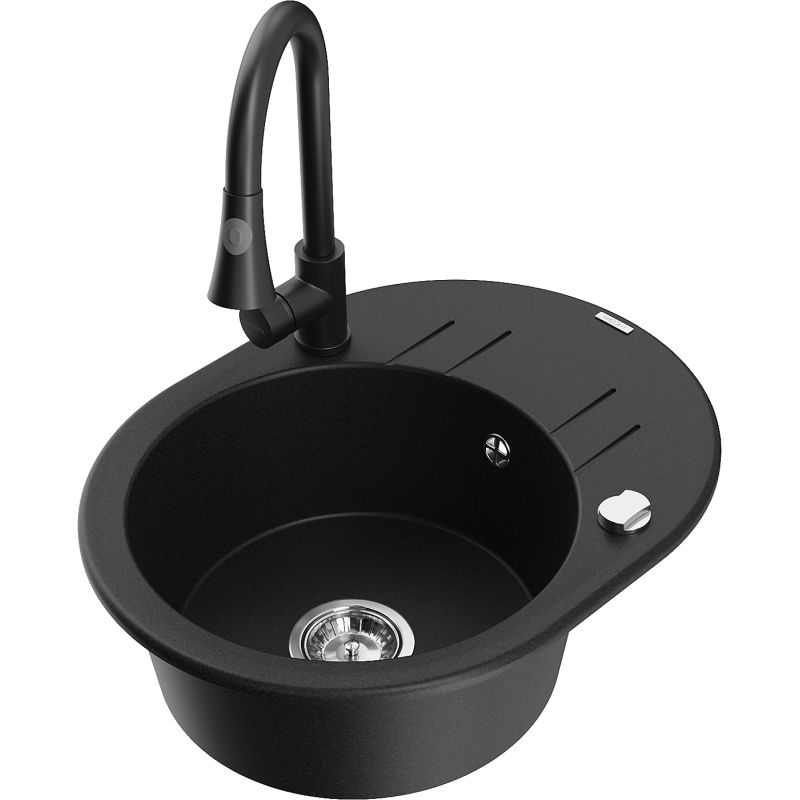 Zlewozmywak granitowy 1-komorowy Mexen Kevin z ociekaczem i baterią kuchenną Elia czarny - 6517-77-670101-70-B 1 szt.