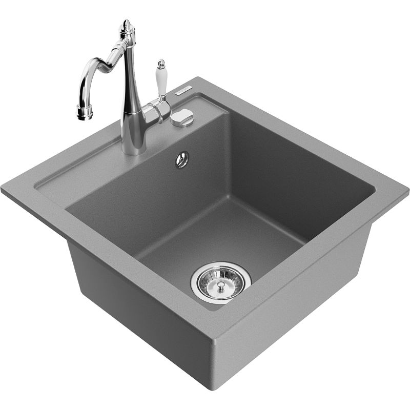 Zlewozmywak granitowy 1-komorowy Mexen Vito z baterią kuchenną Carla szary 6503-71-670700-00