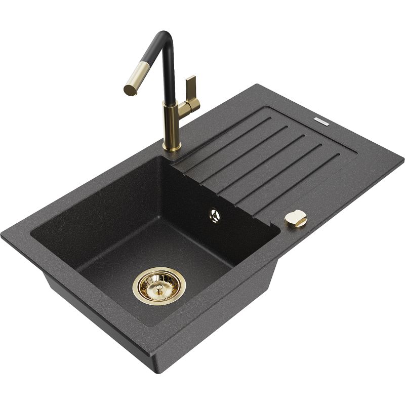 Zlewozmywak granitowy 1-komorowy Mexen Pablo z ociekaczem i baterią kuchenną Flora czarny nakrapiany 6510-76-670401-57-G