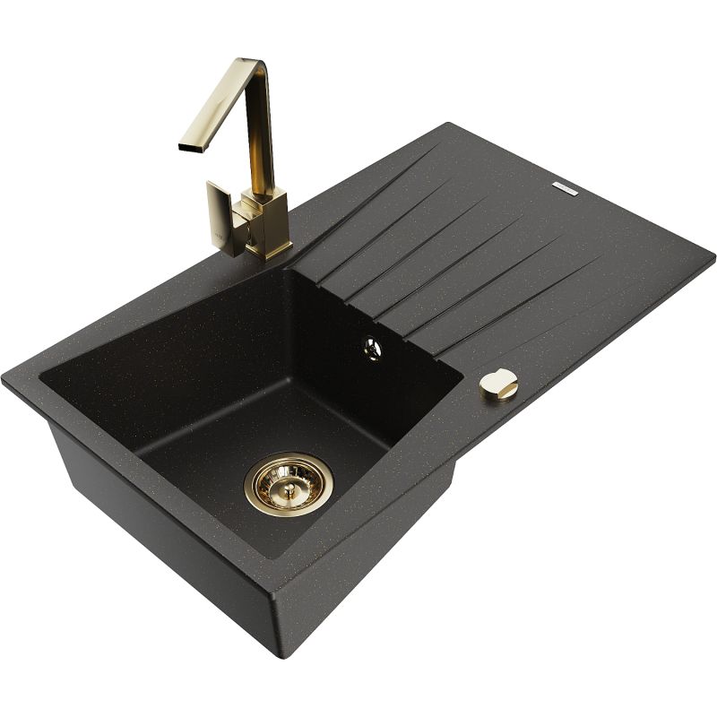 Zlewozmywak granitowy 1-komorowy Mexen Cesar z ociekaczem i baterią kuchenną Rita czarny/złoty metalik 6514-75-670300-50