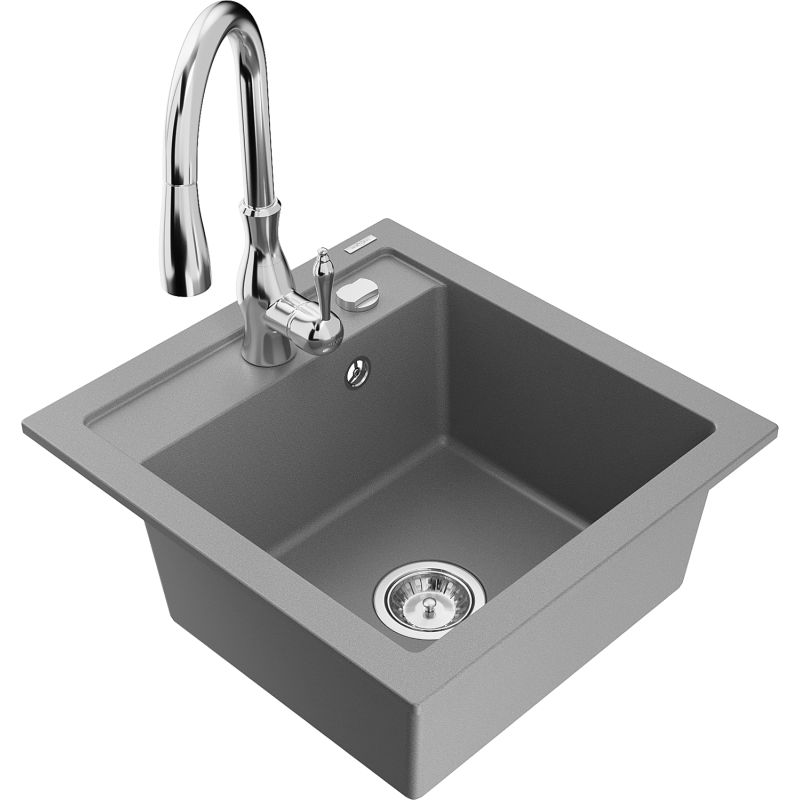 Zlewozmywak granitowy 1-komorowy Mexen Vito z baterią kuchenną Savita szary - 6503-71-672601-70-B 1 szt.