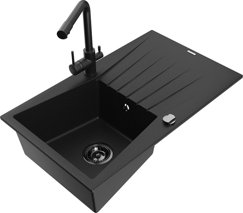 Zlewozmywak granitowy Mexen Cesar 1-komorowy z ociekaczem i baterią kuchenną Duero czarny - 6514-77-671600-70 1 szt.