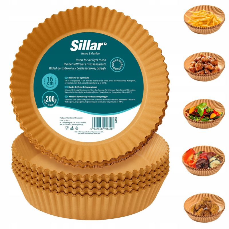 Papier do pieczenia, Sillar, do Air Fryer, frytkownicy, piekarnika, wkład, nieprzywierający, 16x16cm, okrągły, 200szt