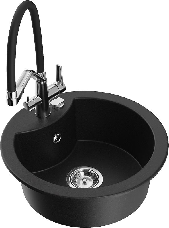 Zlewozmywak granitowy Mexen Diego 1-komorowy z baterią kuchenną Duo czarny 6512-77-671701-07