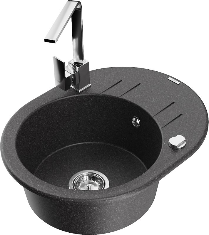 Zlewozmywak granitowy Mexen Kevin 1-komorowy z ociekaczem i baterią kuchenną Rita czarny 6517-76-670300-00