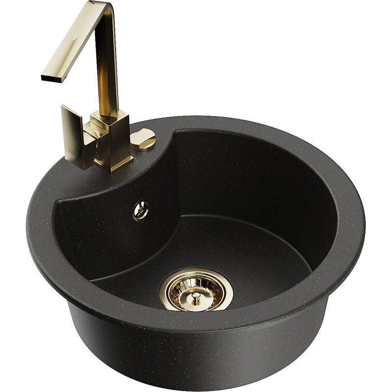 Zlewozmywak granitowy 1-komorowy Mexen Diego z baterią kuchenną Rita czarny/złoty metalik 6512-75-670300-50