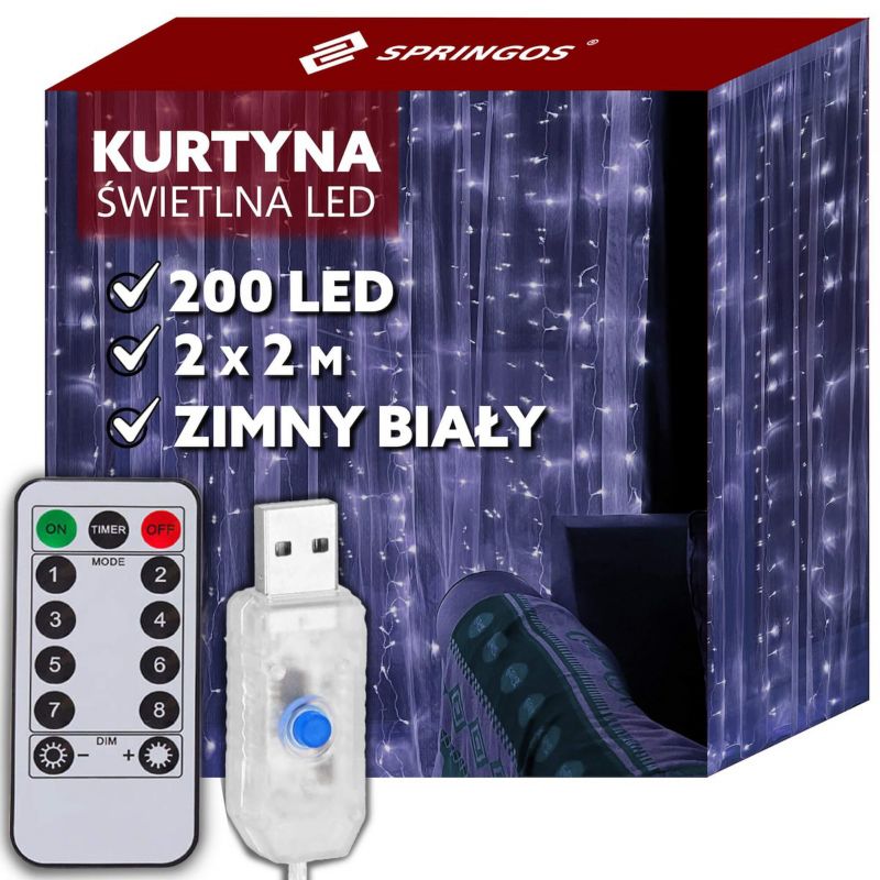 Kurtyna świetlna biały zimny Springos 200 Led lampki wewnętrzne z programatorem USB 1 szt.