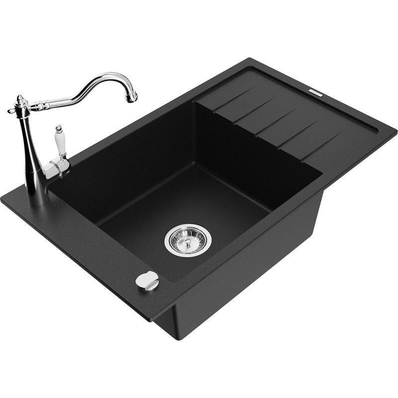Zlewozmywak granitowy 1-komorowy Mexen Elias z ociekaczem i baterią kuchenną Carla czarny 6511-77-670700-00