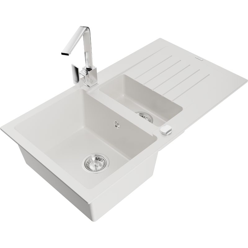 Zlewozmywak granitowy 1.5-komorowy Mexen Matias z ociekaczem i baterią kuchenną Rita biały 6502-20-670300-00