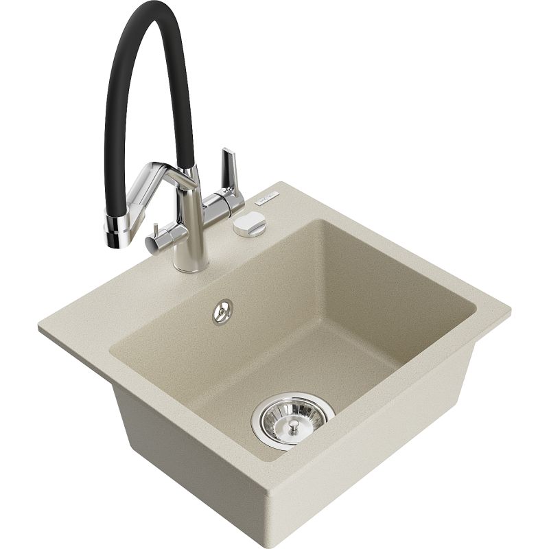 Zlewozmywak granitowy 1-komorowy Mexen Milo z baterią kuchenną Duo beżowy 6505-69-671701-07