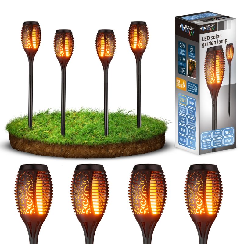 Lampa LED solarna MasterLED wbijana pochodnia 51cm 3000K imitacja płomienia IP44 czarna 4 szt.