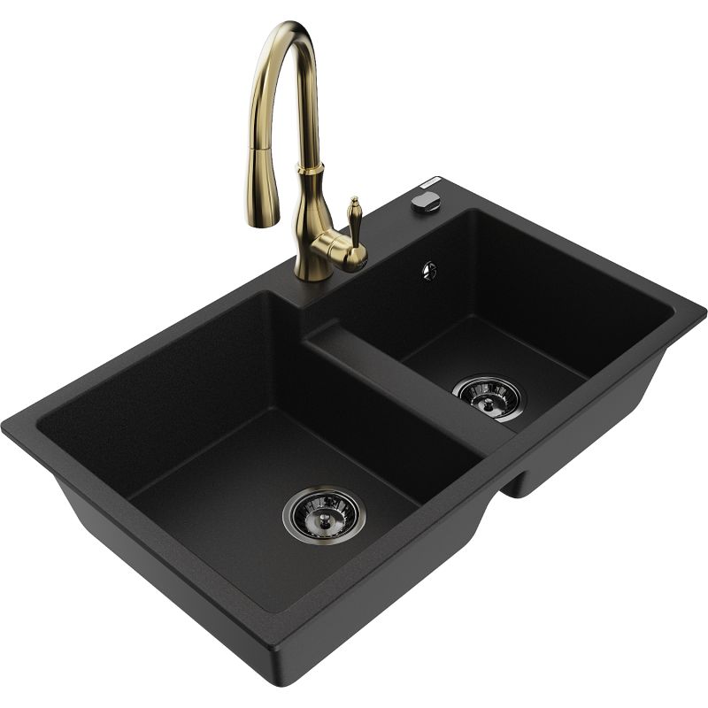 Zlewozmywak granitowy 2-komorowy Mexen Tomas z baterią kuchenną Savita czarny 6516-77-672601-50-B