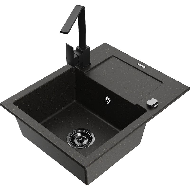 Zlewozmywak granitowy 1-komorowy Mexen Enzo z ociekaczem i baterią Rita czarny/złoty metalik - 6506-75-670300-50-B 1 szt.