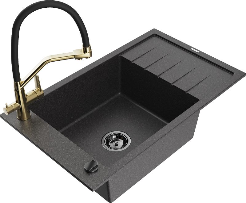 Zlewozmywak granitowy Mexen Elias 1-komorowy z ociekaczem i baterią kuchenną Duo czarny - 6511-76-671701-57-G 1 szt.