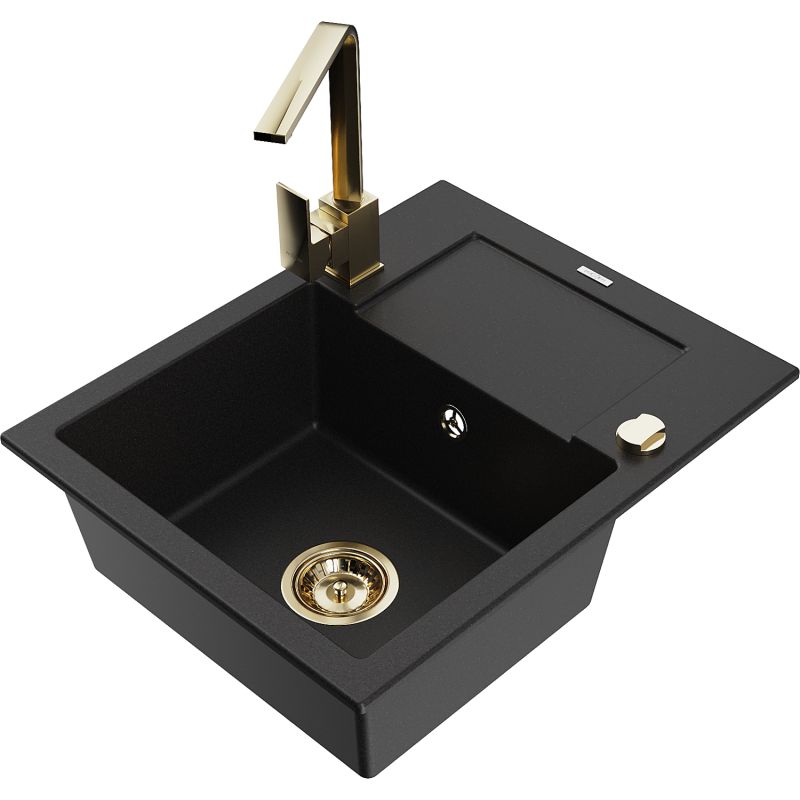 Zlewozmywak granitowy 1-komorowy Mexen Enzo z ociekaczem i baterią kuchenną Rita czarny - 6506-77-670300-70-B 1 szt.