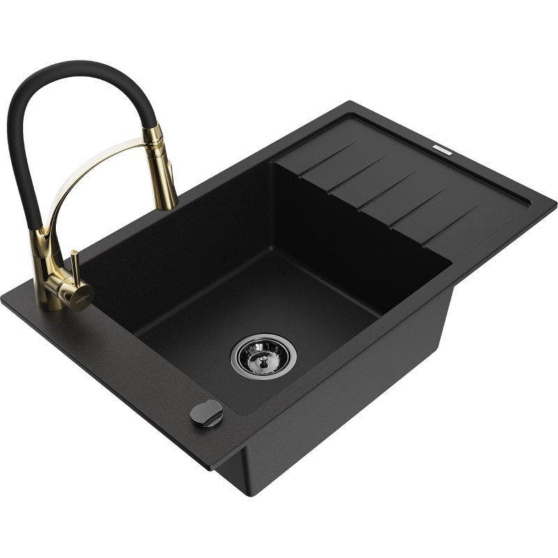 Zlewozmywak granitowy 1-komorowy Mexen Elias z ociekaczem i baterią kuchenną Aster czarny 6511-77-73450-57-B