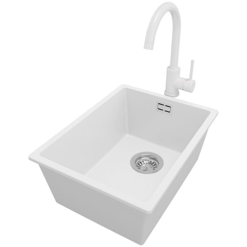 Zlewozmywak Granitowy Londyn Slim PRIMAGRAN Nablatowy 36x47cm do szafki od 40cm, Biały + Bateria 32x20cm + Syfon, S039, 1 szt.