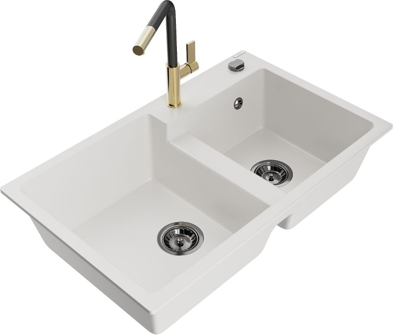 Zlewozmywak granitowy Mexen Tomas 2-komorowy z baterią kuchenną Rita biały - 6516-20-670300-20 1 szt.
