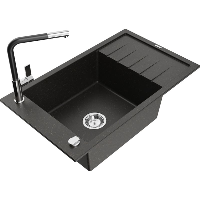 Zlewozmywak granitowy 1-komorowy Mexen Elias z ociekaczem i baterią kuchenną Flora czarny/złoty metalik 6511-75-670401-07