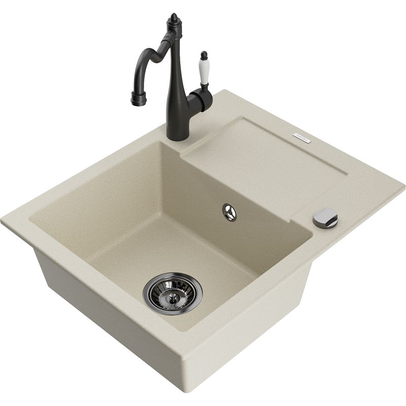 Zlewozmywak granitowy 1-komorowy Mexen Enzo z ociekaczem i baterią kuchenną Carla beżowy - 6506-69-670700-69 1 szt.