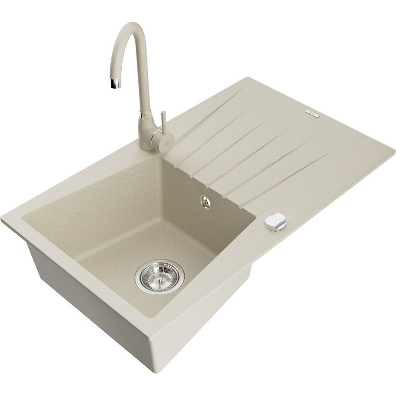 Zlewozmywak granitowy 1-komorowy Mexen Cesar z ociekaczem i baterią kuchenną Telma biały - 6514-20-670200-50 1 szt.