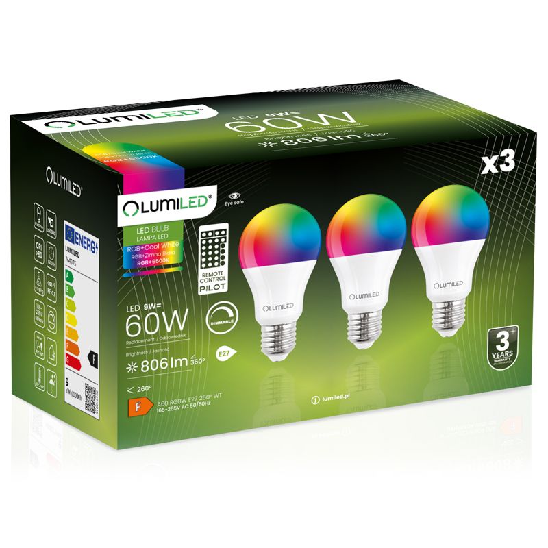 Żarówka LED LUMILED E27 A60 9W 806lm 6500K + RGB Wielokolorowa 260st Ściemnialna z Pilotem 3 szt.
