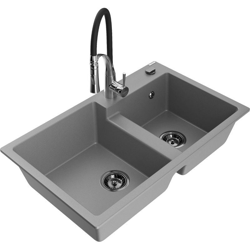 Zlewozmywak granitowy 2-komorowy Mexen Tomas z baterią kuchenną Aster szary - 6516-71-73450-07 1 szt.