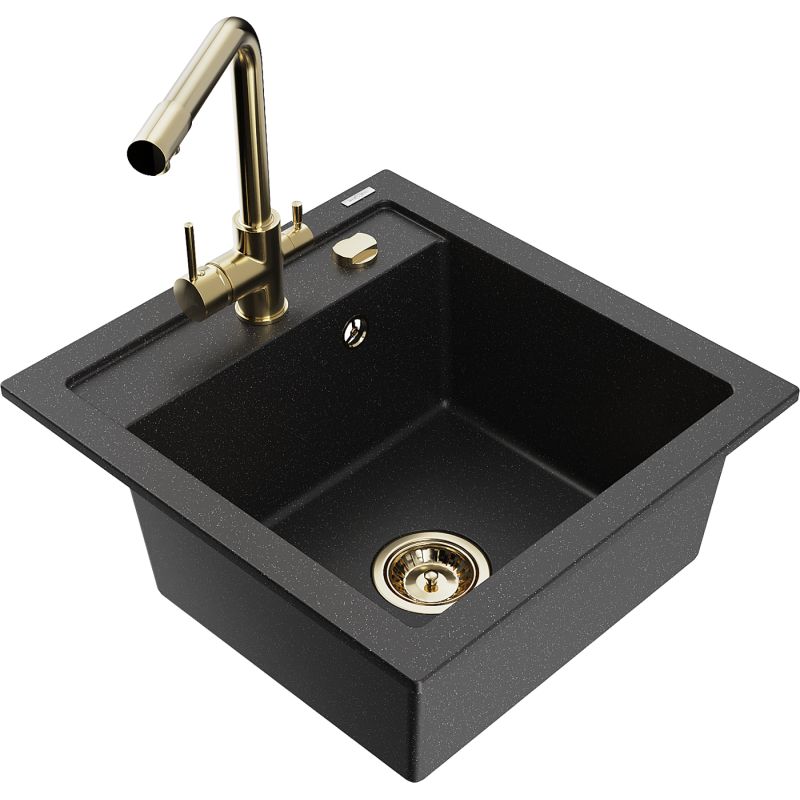 Zlewozmywak granitowy 1-komorowy Mexen Vito z baterią kuchenną Duero czarny/srebrny metalik 6503-73-671600-50