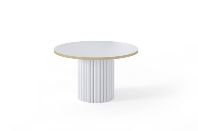 Stolik kawowy Bettso Virelo Gold nowoczesny na białym stelażu z ryflowaną podstawą i złotym obrzeżem biały 1szt.