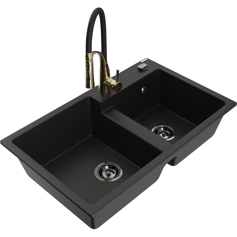 Zlewozmywak granitowy 2-komorowy Mexen Tomas z baterią kuchenną Aster czarny 6516-77-73450-57-B