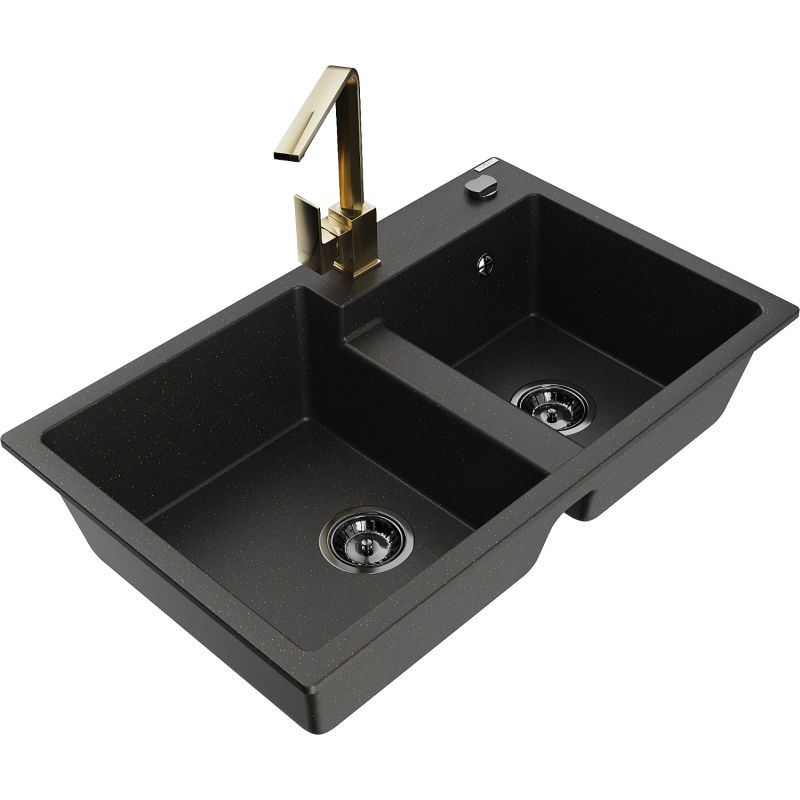 Zlewozmywak granitowy 2-komorowy Mexen Tomas z baterią kuchenną Rita szary - 6516-71-670300-70-B 1 szt.