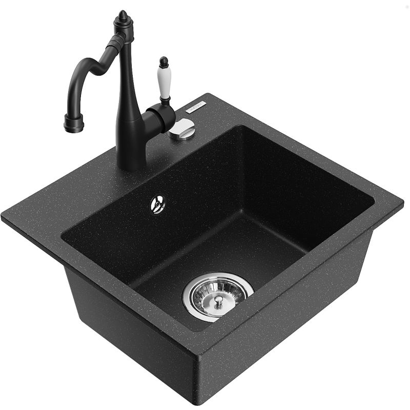 Zlewozmywak granitowy 1-komorowy Mexen Milo z baterią kuchenną Carla czarny/złoty metalik - 6505-75-670700-70 1 szt.