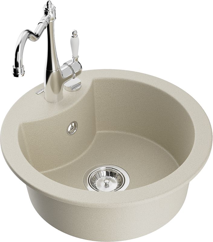 Zlewozmywak granitowy Mexen Diego 1-komorowy z baterią kuchenną Carla beżowy 6512-69-670700-00