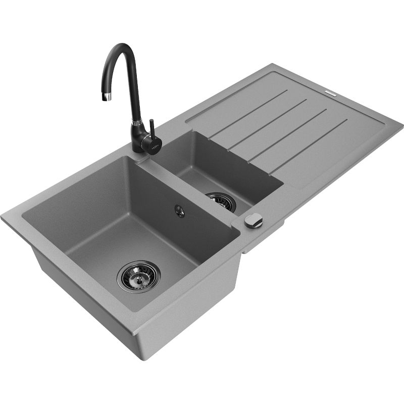 Zlewozmywak granitowy 1.5-komorowy Mexen Andres z ociekaczem i baterią kuchenną Telma szary 6515-71-670200-70-B
