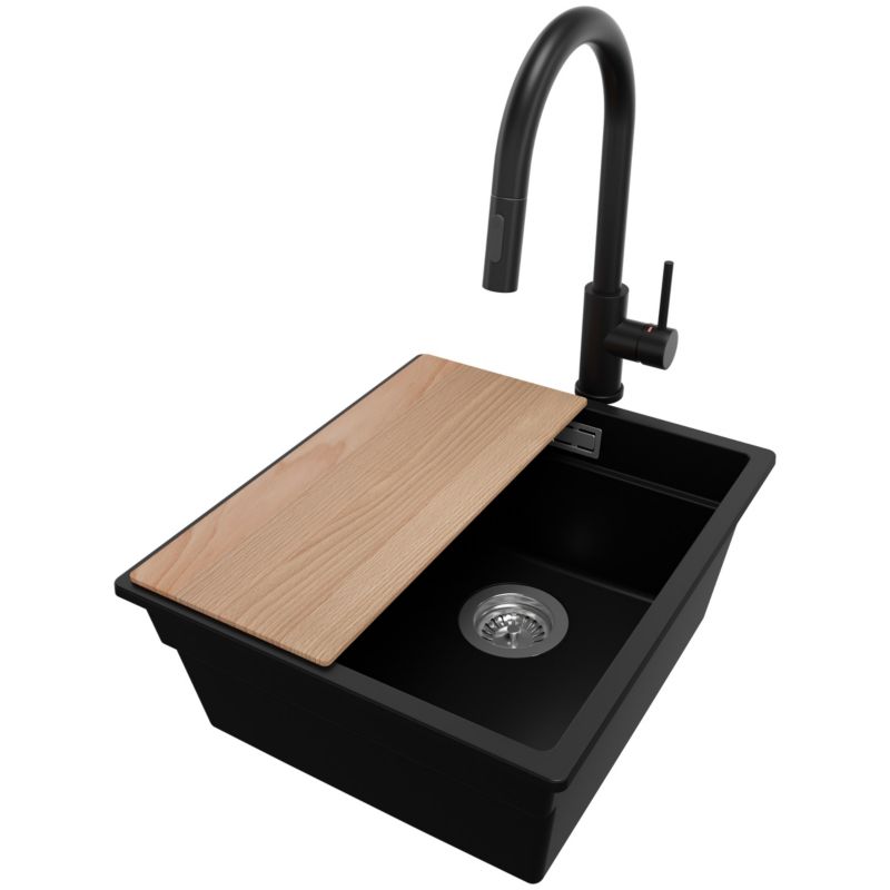 Zlewozmywak Granitowy Praga Slim PRIMAGRAN Nablatowy 41x47cm do szafki od 45cm z Syfonem i Baterią i Dodatkiem Czarny 1 szt.