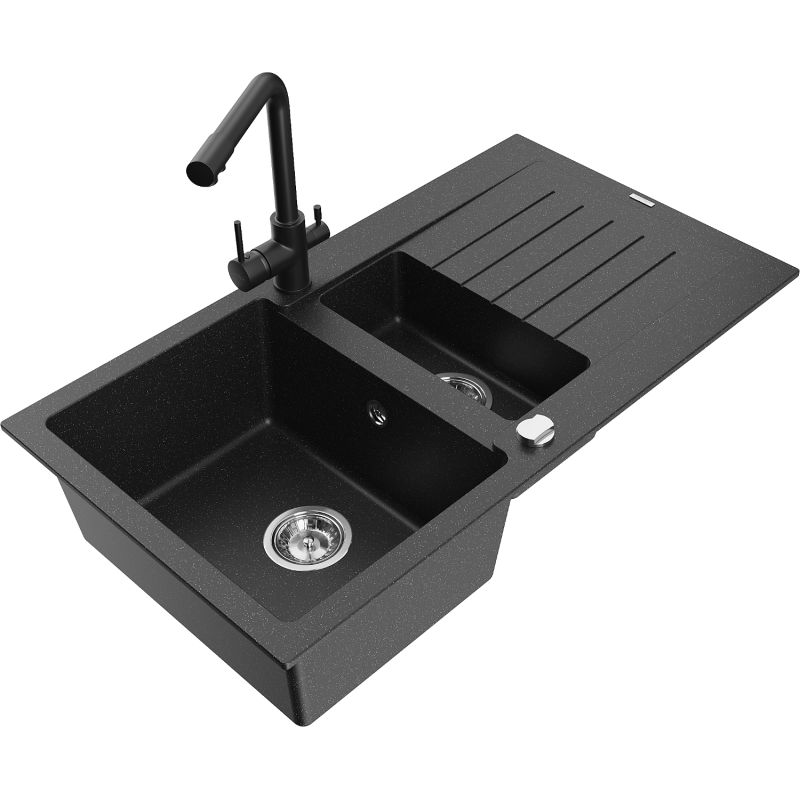 Zlewozmywak granitowy 1.5-komorowy Mexen Matias z ociekaczem i baterią kuchenną Duero czarny/złoty - 6502-75-671600-70-B 1 szt.