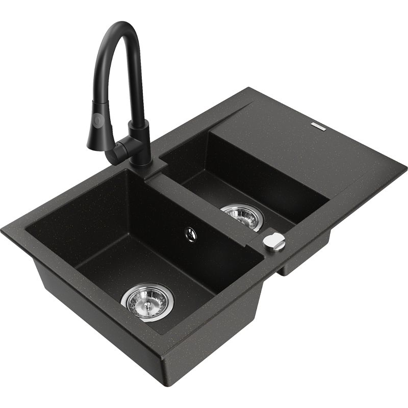 Zlewozmywak granitowy 1.5-komorowy Mexen Gaspar z ociekaczem i baterią kuchenną Elia czarny/złoty metalik 6507-75-670101-70