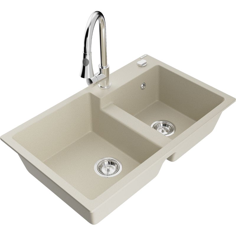 Zlewozmywak granitowy 2-komorowy Mexen Tomas z baterią kuchenną Elia beżowy 6516-69-670101-00