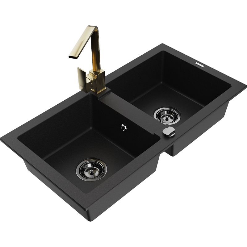 Zlewozmywak granitowy 2-komorowy Mexen Mario z baterią kuchenną Rita czarny - 6504-77-670300-70 1 szt.